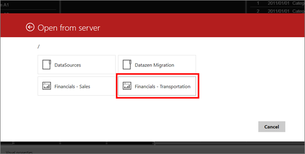 Cuplikan layar kotak dialog Buka dari server dengan opsi Keuangan - Transportasi dipanggil.