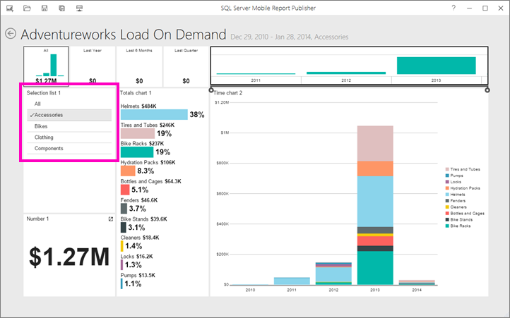 Screenshot of the preview of the report with the Selection list 1 called out and the Accessories option selected.