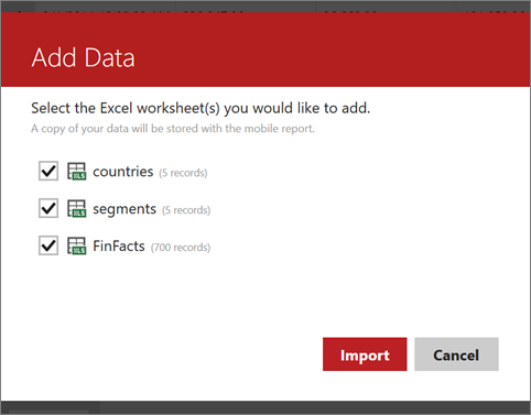 Cuplikan layar yang digunakan untuk menambahkan data Excel.