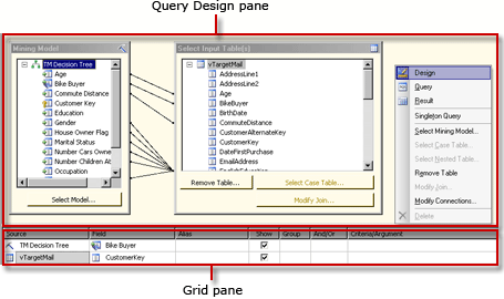 Perancang kueri DMX Analysis Services, tampilan desain