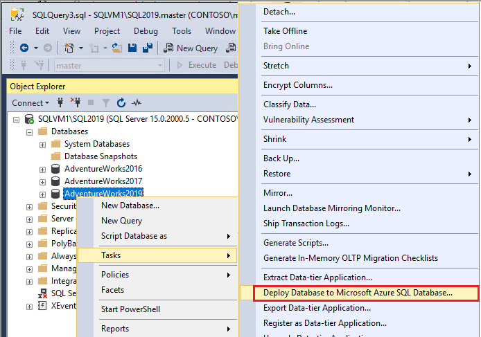 Cuplikan layar Pilih untuk menyebarkan database Anda ke Microsoft Azure SQL Database agar tidak mengklik kanan database Anda dan memilih Tugas.