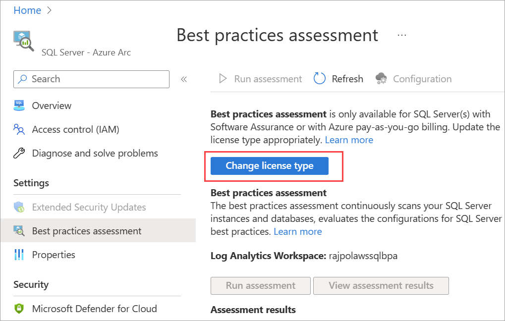 Cuplikan layar portal Azure mengubah jenis lisensi.