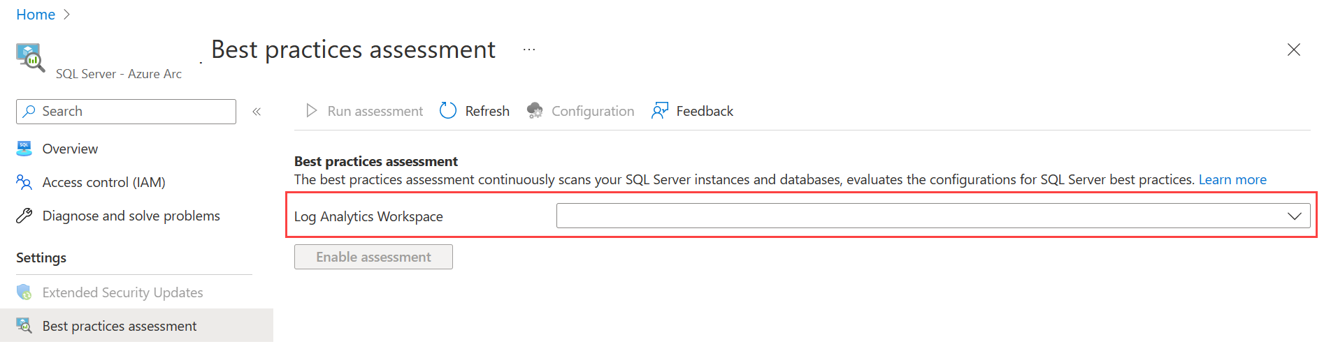 Cuplikan layar memperlihatkan cara menentukan ruang kerja Analitik Log untuk penilaian praktik terbaik SQL Server.