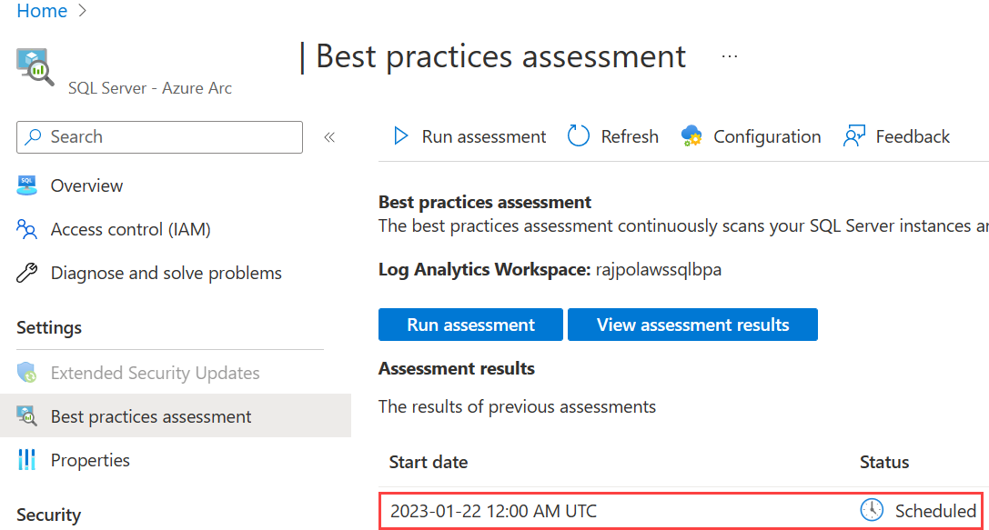 Cuplikan layar memperlihatkan keberhasilan pengaktifan penilaian praktik terbaik dari sumber daya SQL Server dengan dukungan Arc.