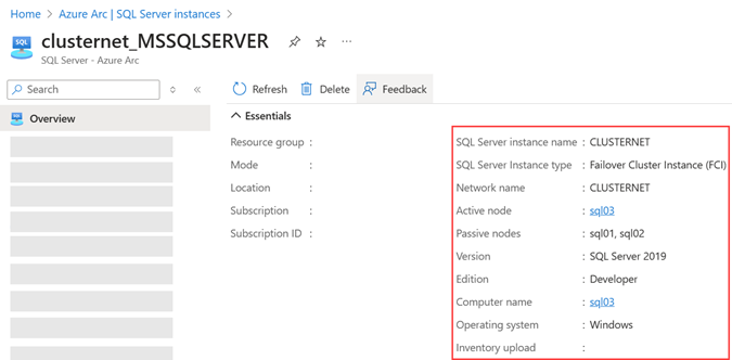 Cuplikan layar portal Azure untuk instans kluster failover yang diaktifkan oleh Azure Arc.