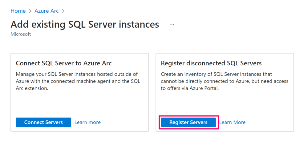 Cuplikan layar dua opsi untuk menambahkan server yang tersambung atau terdaftar.