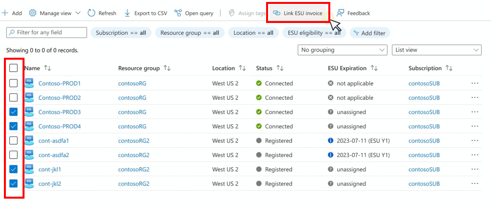 Cuplikan layar semua instans SQL Server di bagian Azure Arc.