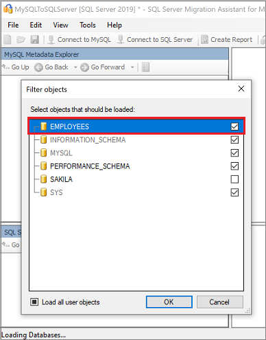 Cuplikan layar yang memperlihatkan memilih database MySQL yang ingin Anda migrasikan.