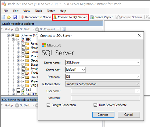 Cuplikan layar panel Sambungkan ke SQL Server di SSMA untuk Oracle.