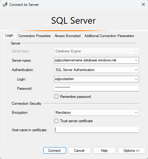 Cuplikan layar dialog koneksi untuk Azure Synapse Analytics.