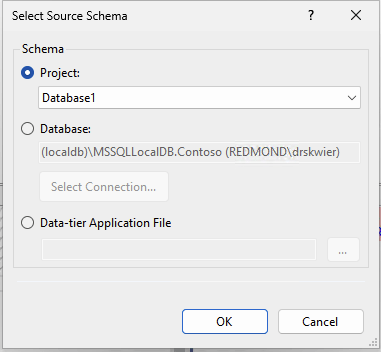 Cuplikan layar dialog pilih sumber perbandingan skema di Visual Studio.