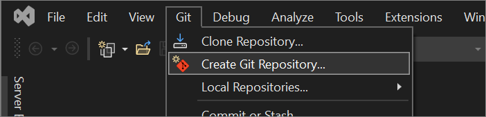 Cuplikan layar opsi Buat Repositori Git dari menu Git di Visual Studio.
