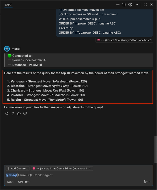 Cuplikan layar memperlihatkan hasil perintah slash /runQuery untuk Pokémon terkuat.