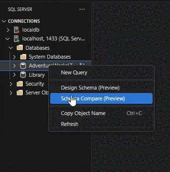 Cuplikan layar Pembukaan Skema Bandingkan dengan mengklik kanan database di Object Explorer.