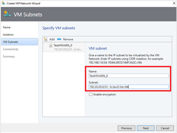 Cuplikan layar Subnet VM.