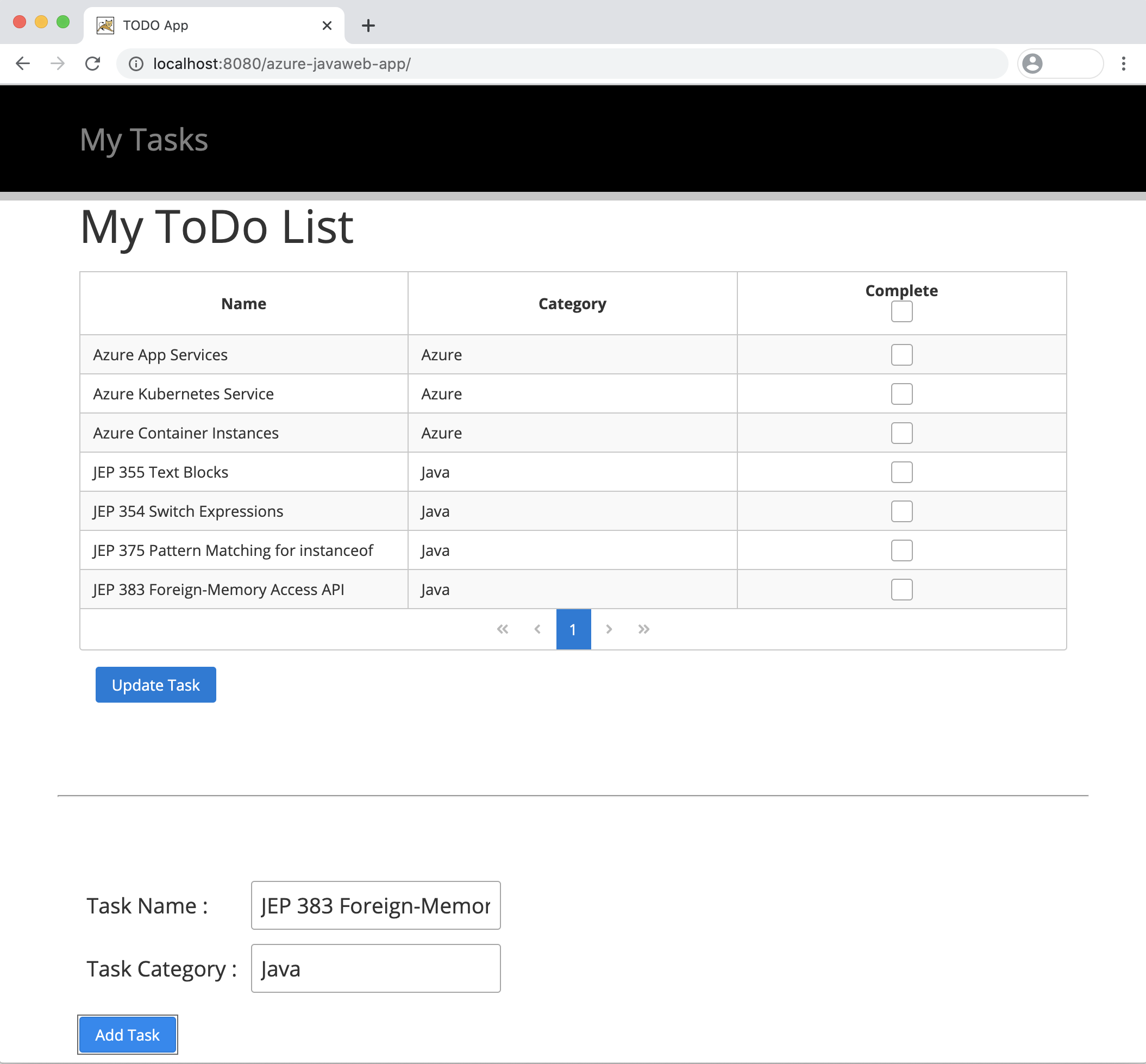 Screenshot that shows the Java ToDo application sample.