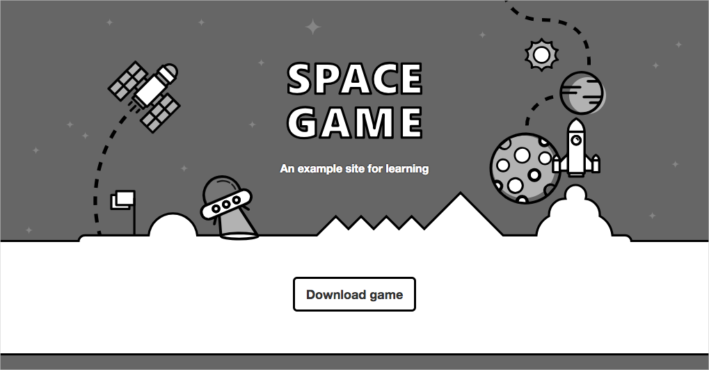 Screenshot of a web browser showing the Space Game website. The page shows graphics from the game and a button to download the game.