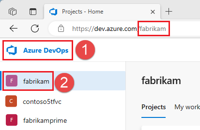 Cuplikan layar memilih organisasi Azure DevOps Anda.