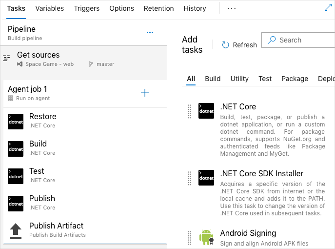 Cuplikan layar desainer visual Azure Pipelines menampilkan tugas build untuk aplikasi .NET.
