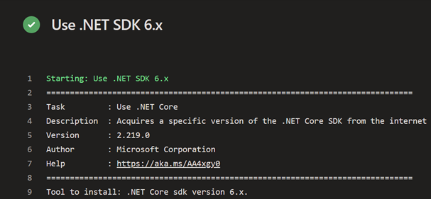 Screenshot of Azure Pipelines showing the .NET SDK task running in the pipeline.