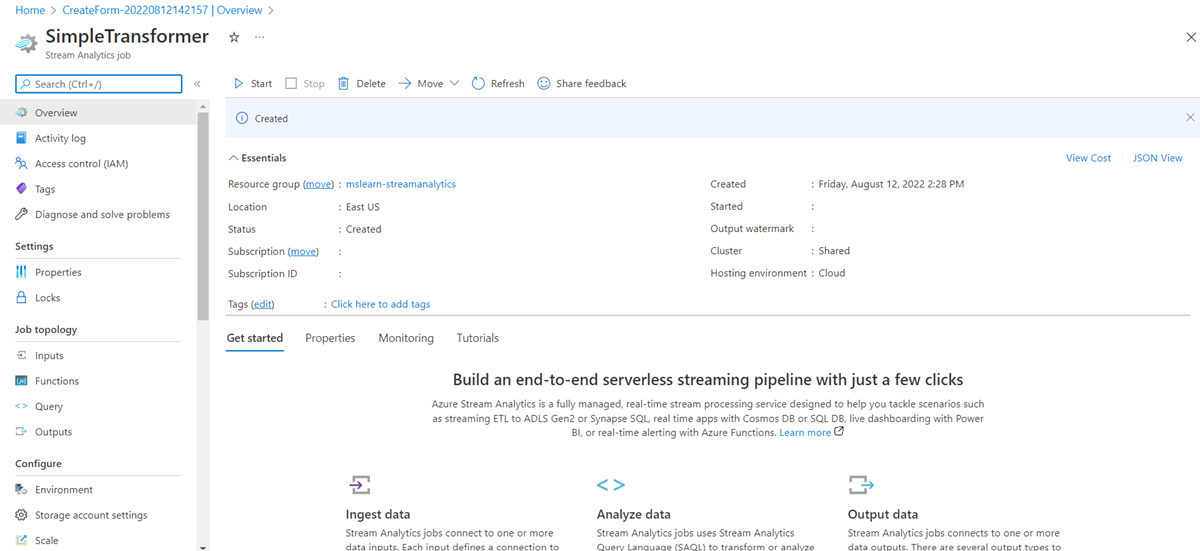 Screenshot that shows the job in the Azure portal.