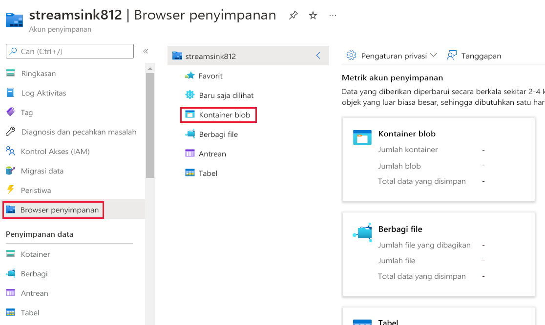 Screenshot that shows the Storage browser in Azure portal.