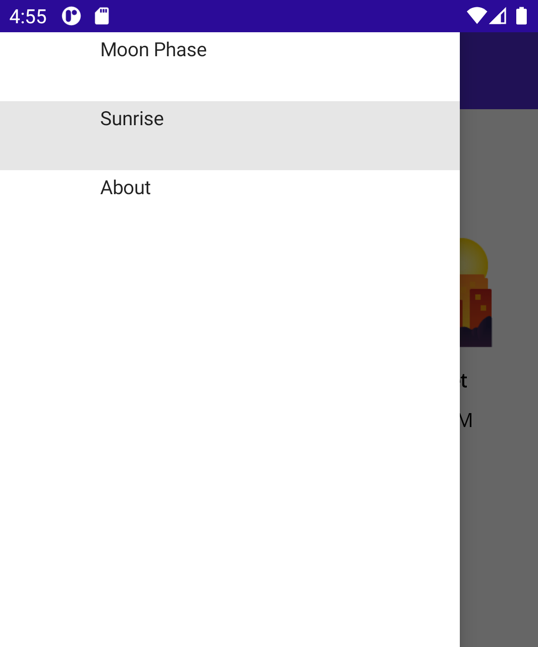 Cuplikan layar aplikasi yang berjalan di Android dengan flyout terbuka menampilkan tiga item flyout.