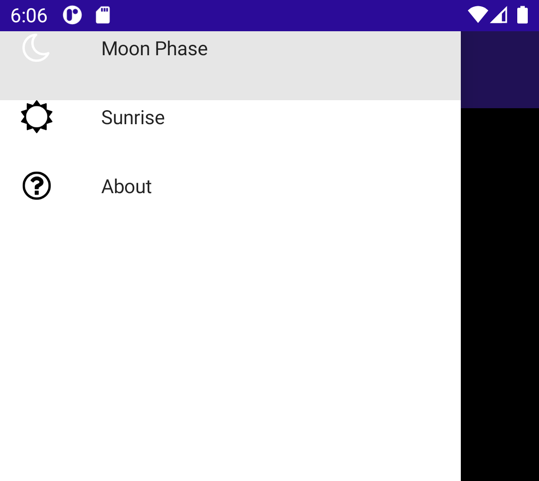 Cuplikan layar aplikasi yang berjalan di Android dengan flyout terbuka dan setiap item flyout memiliki ikon.