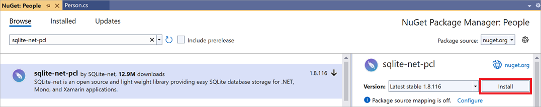 A screenshot showing the NuGet package manager with the sqlite-net-pcl library selected.
