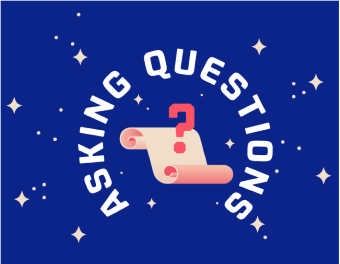 Header image with a question mark on a scroll and the text: asking questions.