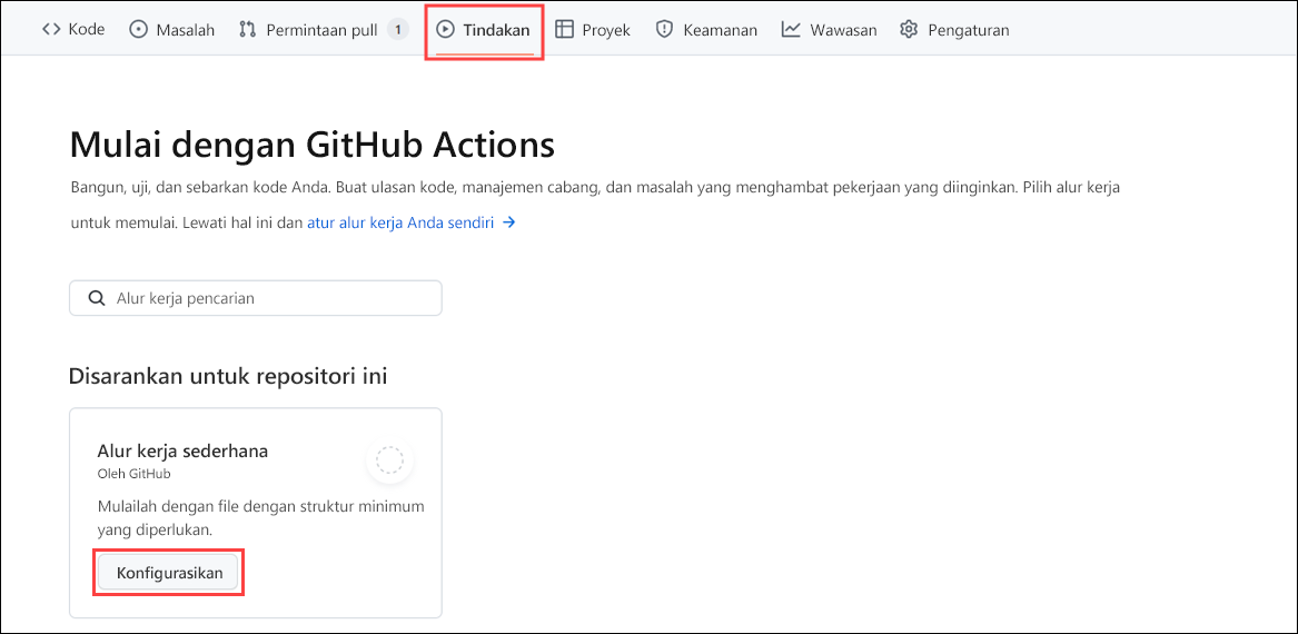 Cuplikan layar *tab Tindakan* di GitHub Actions yang menampilkan alur kerja sederhana dan tombol untuk menyiapkan alur kerja ini.