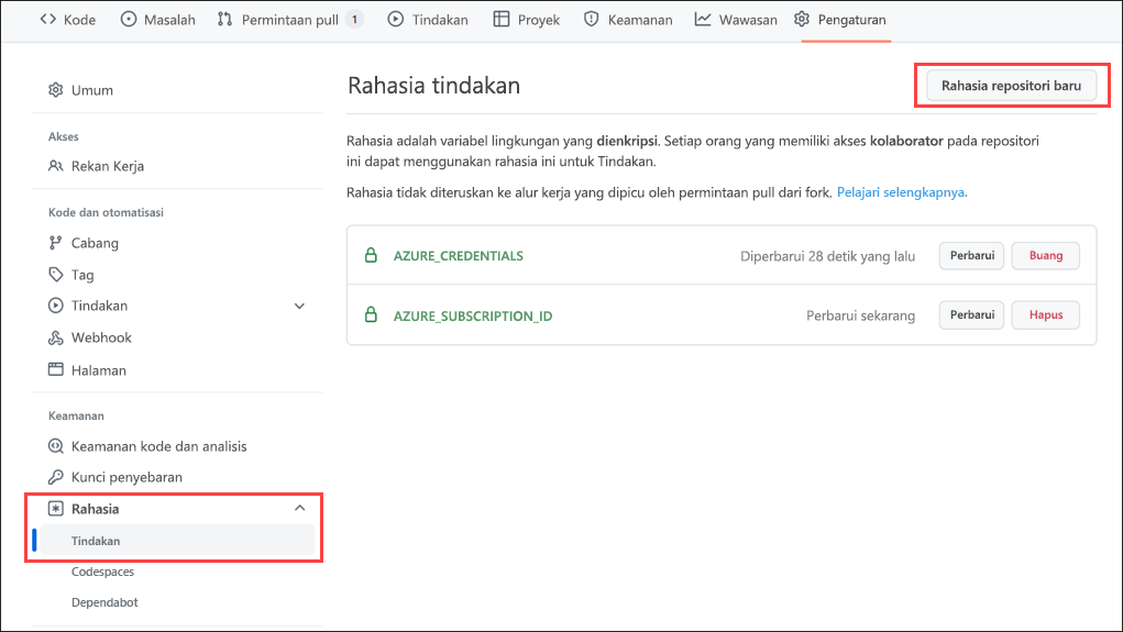 Cuplikan layar antarmuka portal GitHub untuk membuat rahasia.