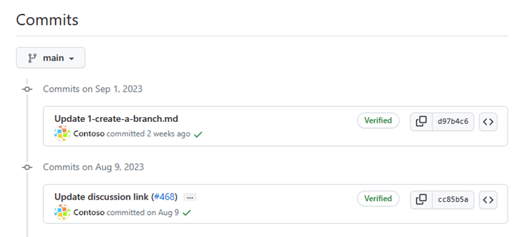 Cuplikan layar daftar komitmen GitHub ke cabang utama.