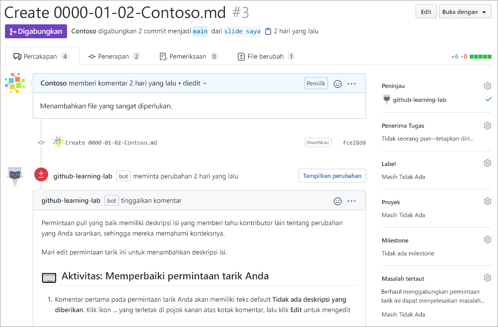 Cuplikan layar permintaan pull dan komentar dalam permintaan pull.