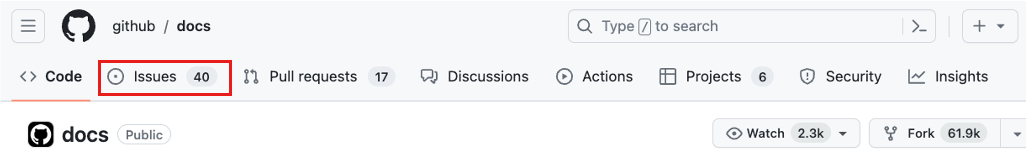 Cuplikan layar memperlihatkan bagian atas halaman utama repositori dengan bagian Masalah disorot.