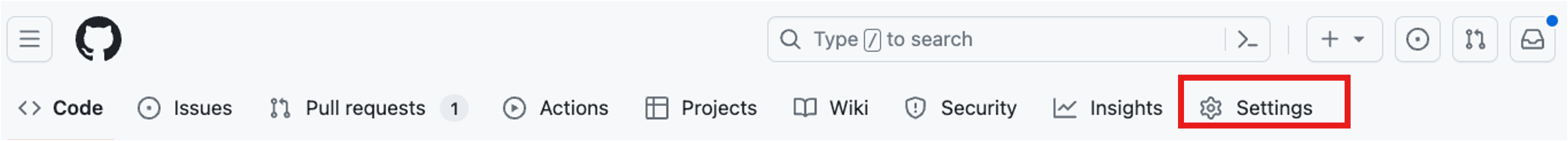 Cuplikan layar bagian atas halaman utama repositori dengan bagian Pengaturan disorot.