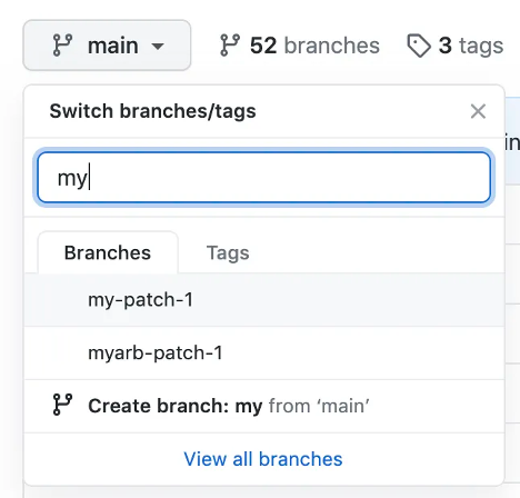 Screenshot of creating a new branch and naming it.
