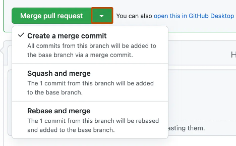 Screenshot of the dropdown menu of the green merge pull request button with the Create a merge commit selected.