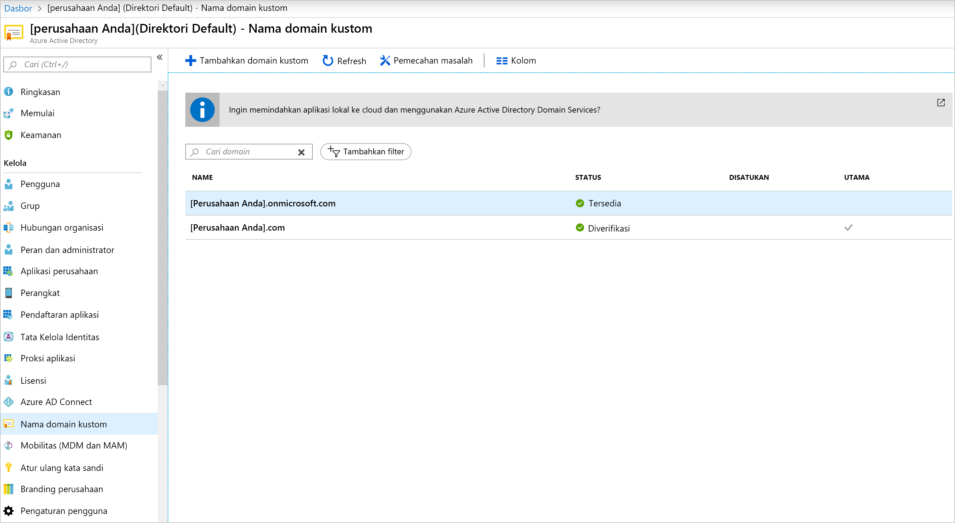 Screenshot of example domain name under Microsoft Entra ID > Custom domain names in the Azure portal.