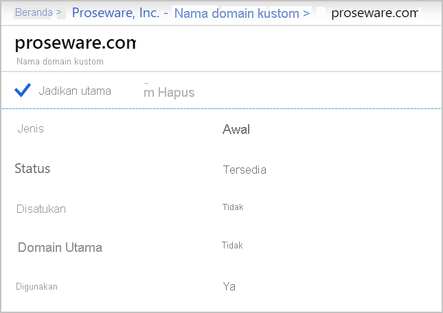 Screenshot of the information about the proseware.com domain with a checkmark next to Mark primary option.