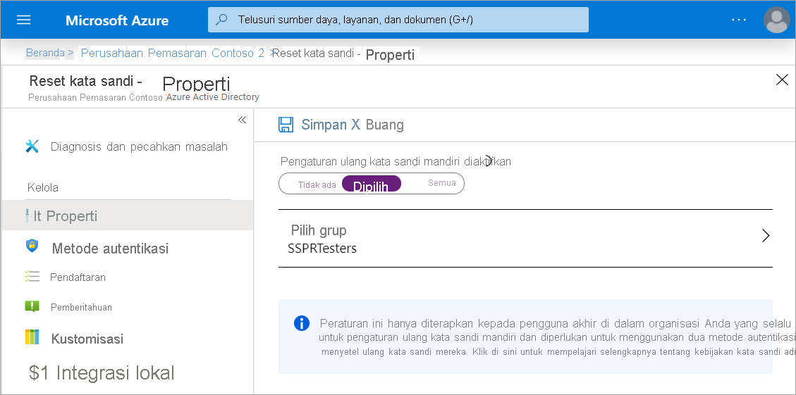 Screenshot of the Password Reset properties panel wwith SSPR enabled and selected group set to SSPRTesters.