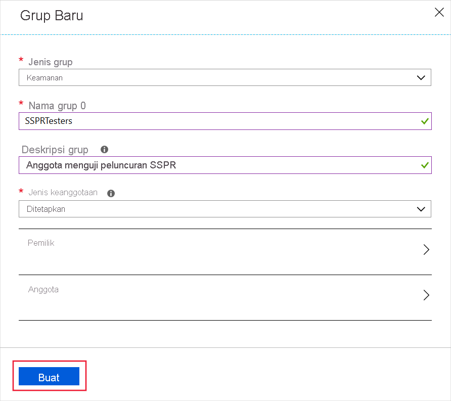 Screenshot that shows new group form filled out and the create button highlighted.