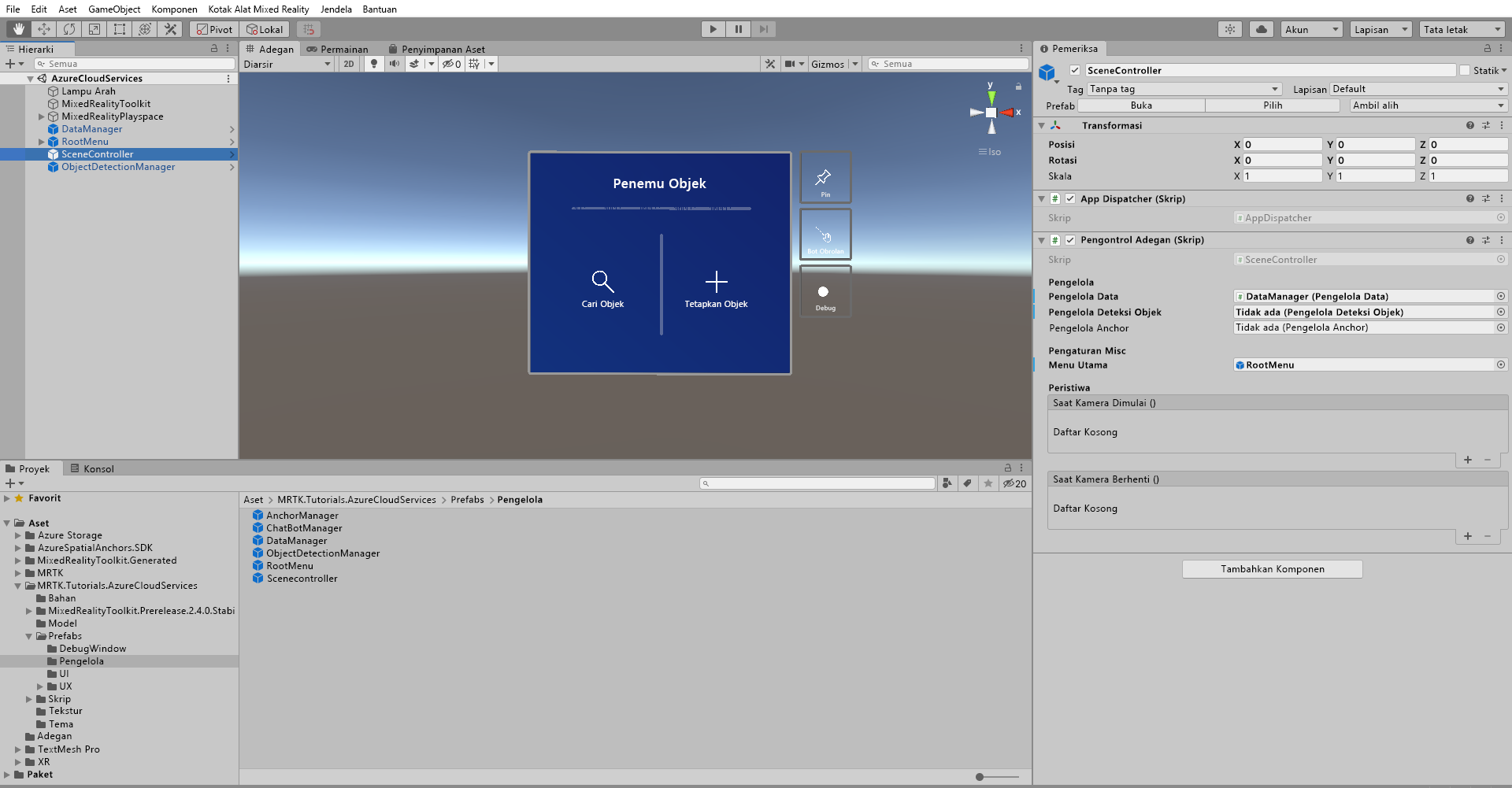 Screenshot of Unity with SceneController script component configuration fields shown in Inspector.