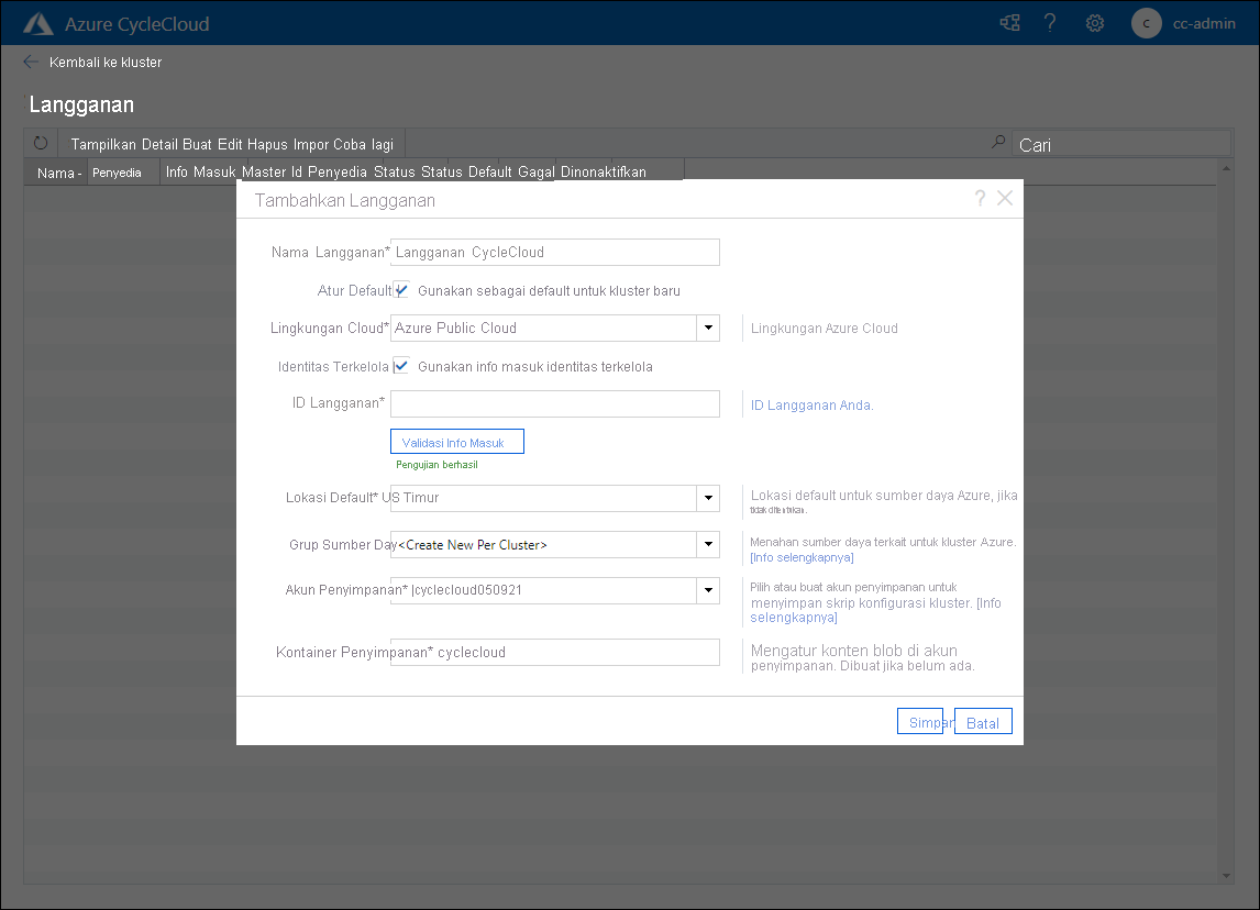 Cuplikan layar memperlihatkan jendela pop-up Tambahkan Langganan di depan aplikasi web Azure CycleCloud.