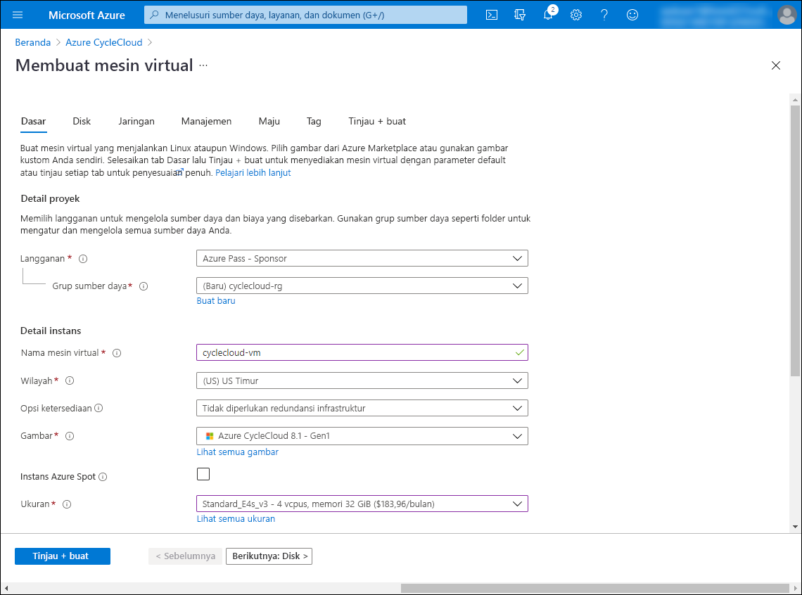 Cuplikan layar memperlihatkan bagian atas tab Dasar di bagian Buat komputer virtual di portal Microsoft Azure.