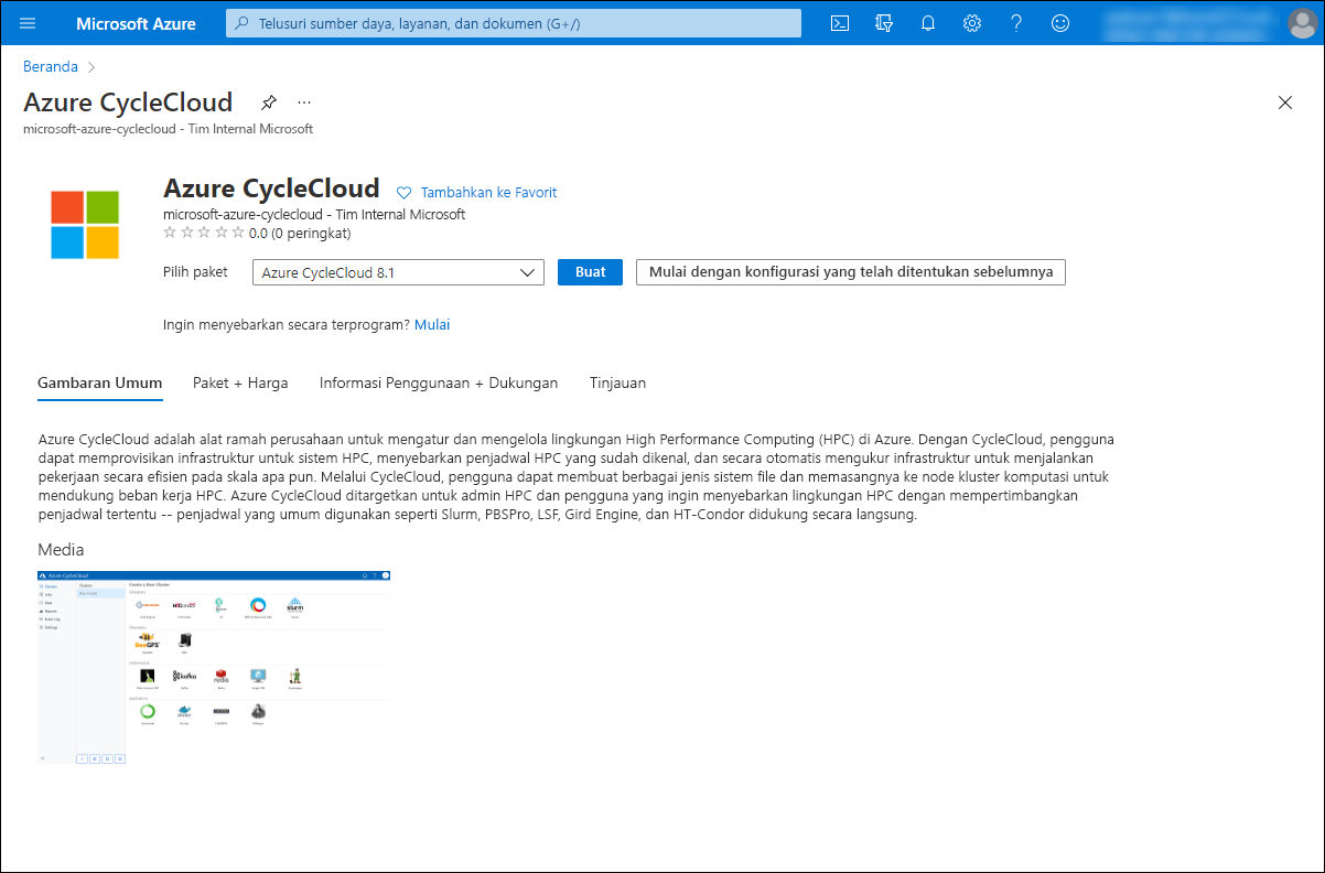 Cuplikan layar memperlihatkan bagian Buat Azure CycleCloud di portal Microsoft Azure.