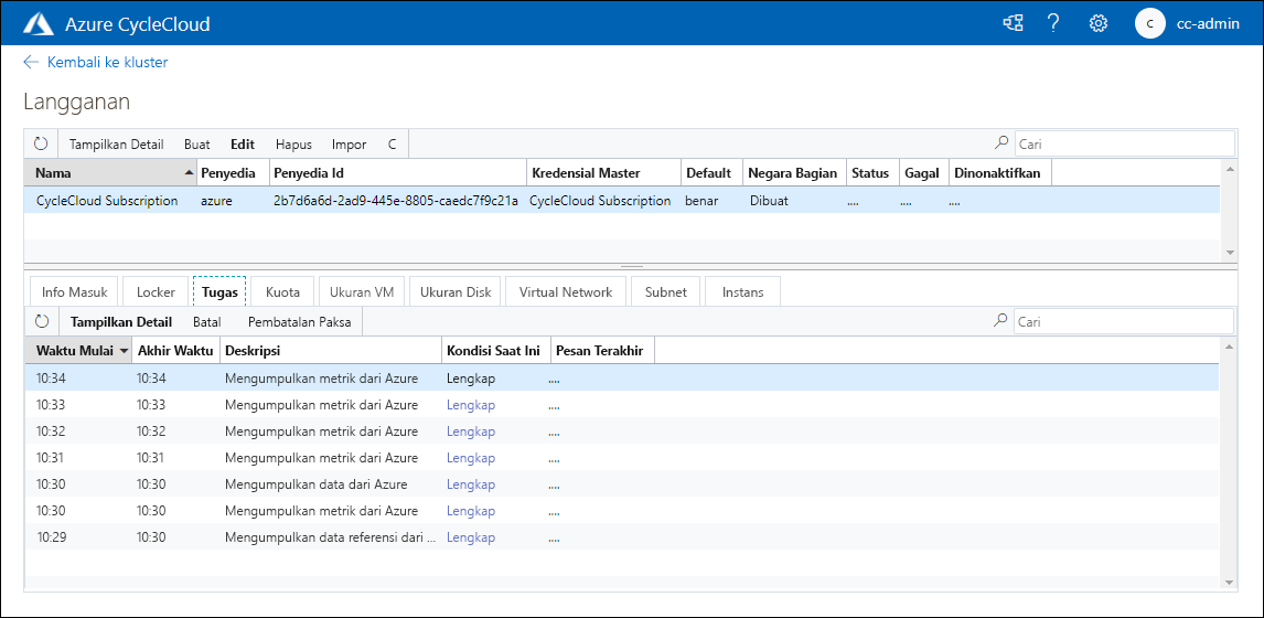 Cuplikan layar memperlihatkan halaman Langganan aplikasi web Azure CycleCloud, dengan entri yang mewakili langganan yang baru ditambahkan.