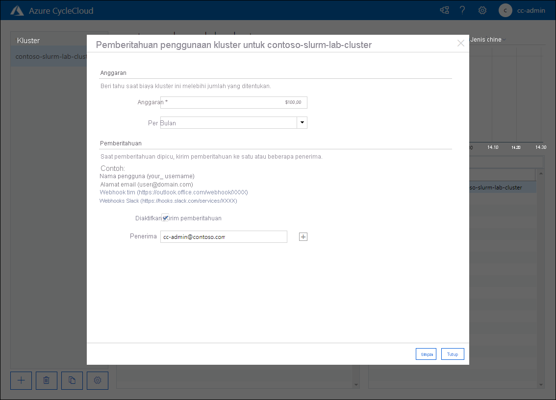Cuplikan layar yang memperlihatkan pemberitahuan penggunaan Kluster untuk jendela pop-up contoso-slurm-lab-cluster di aplikasi web Azure CycleCloud.
