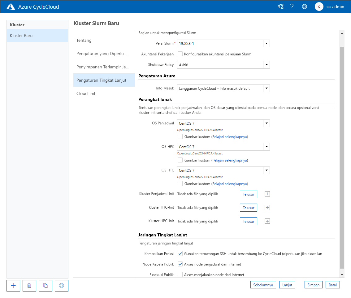 Cuplikan layar yang memperlihatkan tab Pengaturan Tingkat Lanjut dari halaman Kluster Slurm Baru dari aplikasi web Azure CycleCloud.