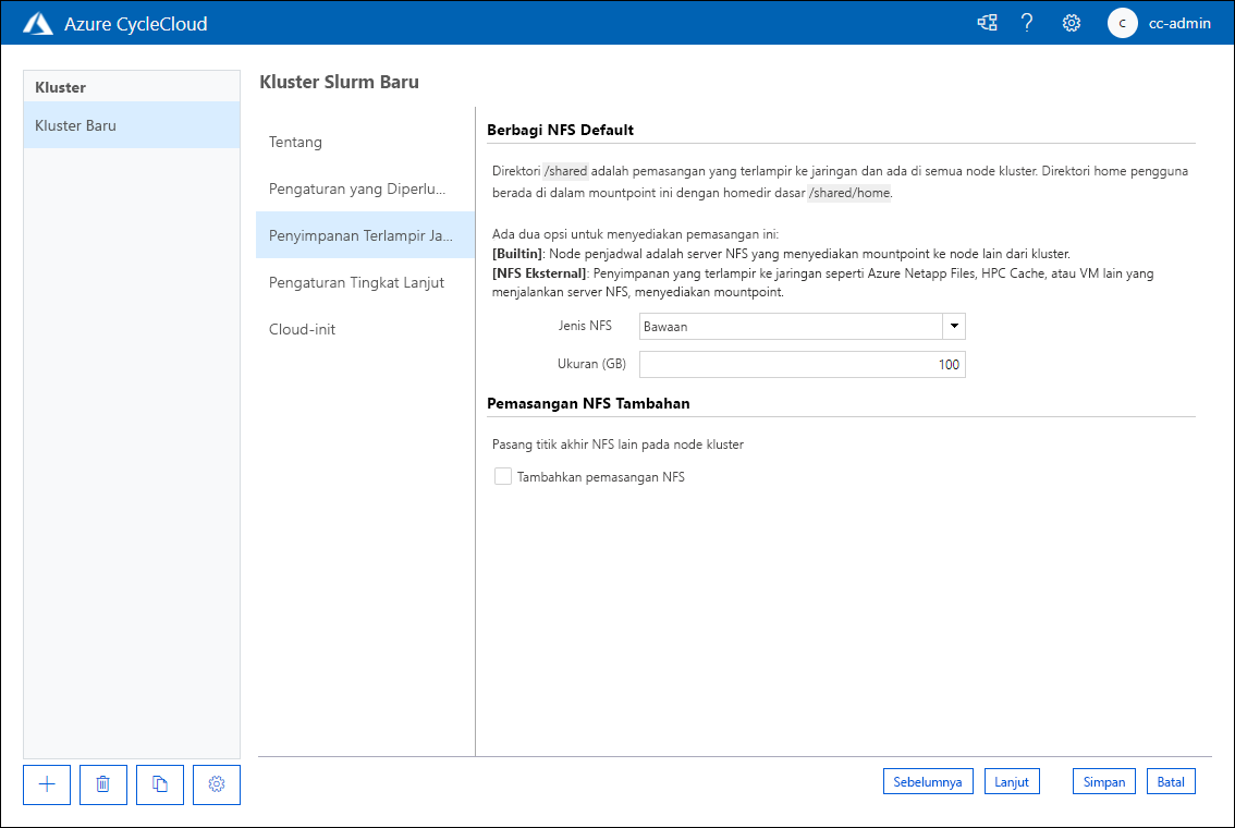 Cuplikan layar yang memperlihatkan tab Penyimpanan Terlampir Jaringan dari halaman Kluster Slurm Baru dari aplikasi web Azure CycleCloud.